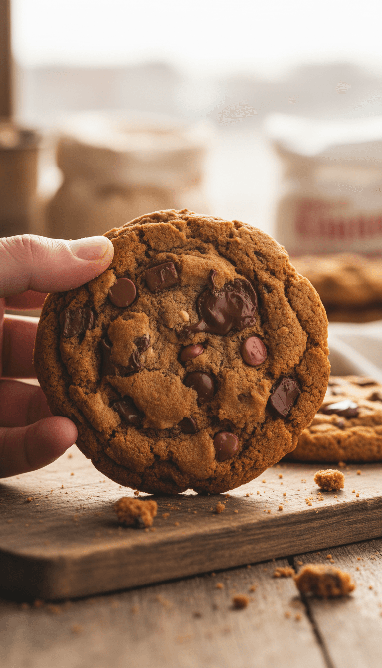 Close-up of a chocolate chunk cookie in hand