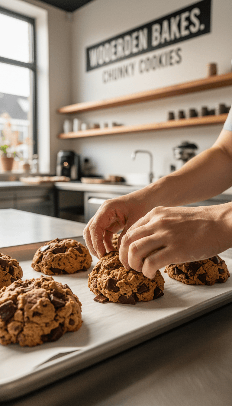 Baker in Woerden placing chunky cookie dough on a baking tray in a modern bakery.