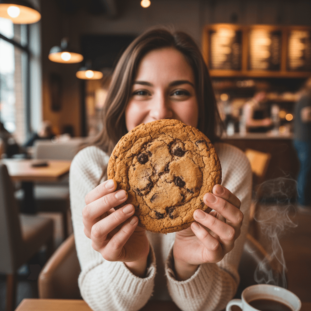 Customer holding a large cookie with both hands and smiling in a cozy cafe