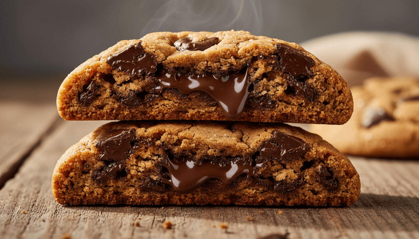 Close-up of a cookie broken in half showing chocolate chunks