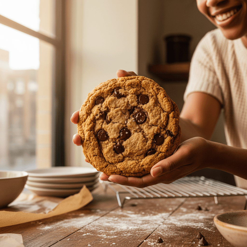 Two hands holding a large, chunky cookie with visible chocolate pieces