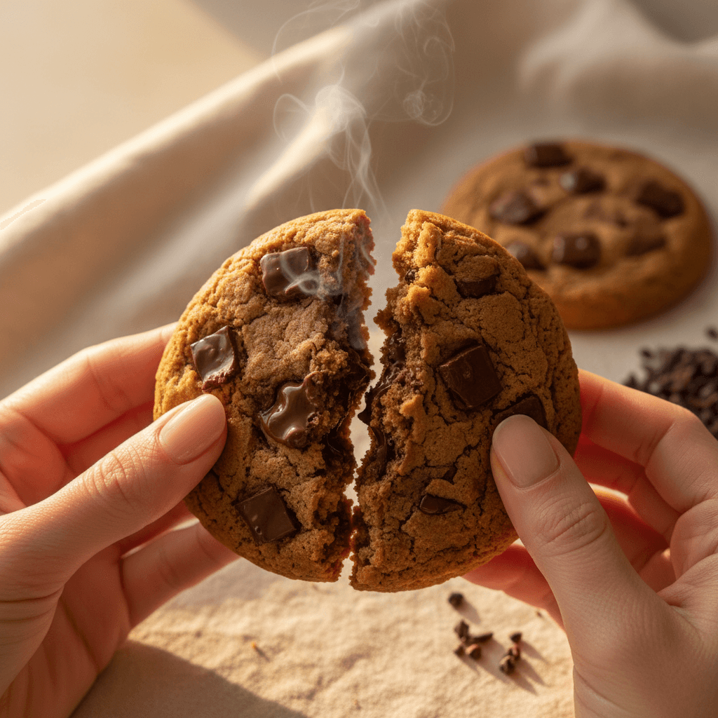Hands breaking open a warm chocolate chunk cookie, revealing soft chewy interior with melted chocolate in golden natural light