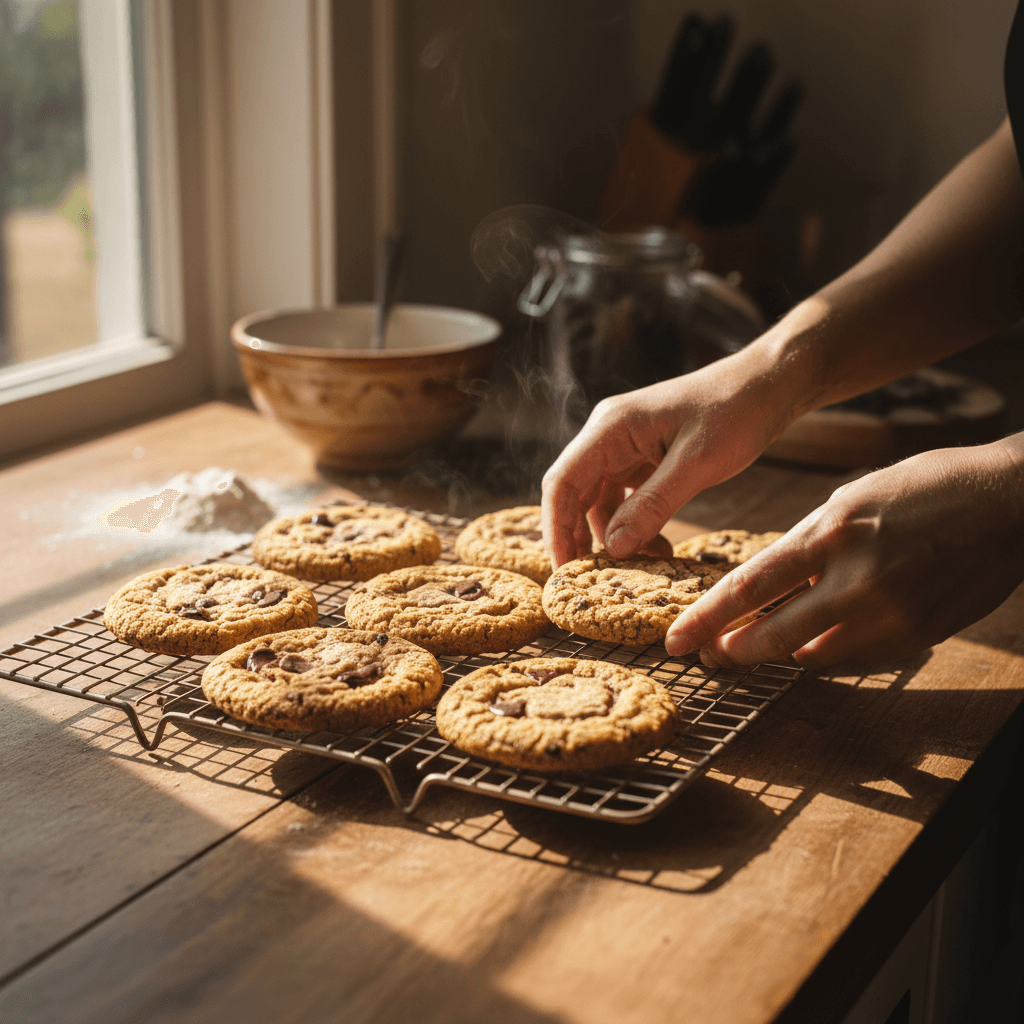Baker's hands arranging golden-brown chocolate chip cookies on cooling rack in sunlit home kitchen