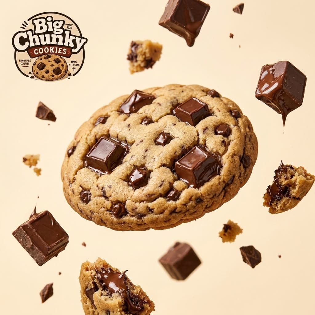 Thick chocolate chip cookie surrounded by floating chocolate chunks and cookie pieces on tan background.
