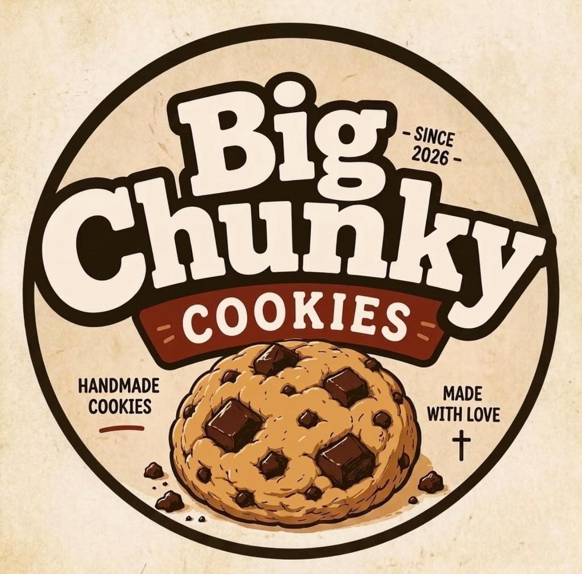 Circular vintage logo for Big Chunky Cookies featuring a large, thick chocolate chip cookie.